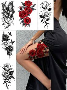 5 pezzi di grandi tatuaggi temporanei a mezza manica con rose rosse e nere, farfalle, ottimi per viaggi, fitness, uso quotidiano, strada, feste, trucco pazzo, adatti per corpo, gamba, braccio, addome, spalla e altre parti del corpo, tatuaggi finti monouso