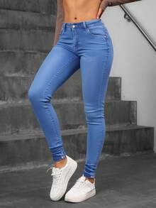 Mujer skinny jeans azules claros - Azul lavado medio - Ver 1