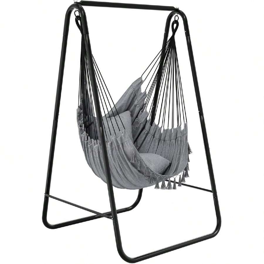 Hammock With Stand, Max.Load 150 Kg, Sturdy Steel Frame, Hammock Stand With Hanging Swing, 85x92x155 Cm, Swing Chair With 2 Hooks And 1 Side Pocket For Patio, Balcony And Garden - Grey - View 1