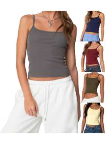 Women's Solid Color Cami Tops Sleeveless Open Back Low Cut Slim Fit Cropped Tank Tops