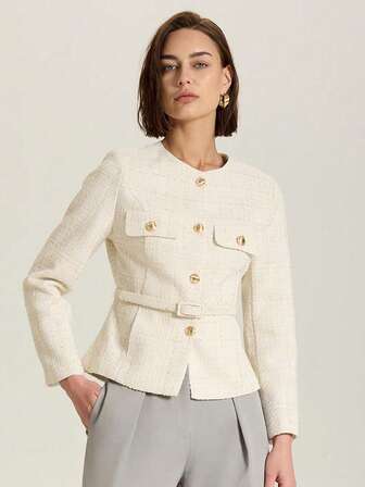 Enkelknäppt texturerad långärmad rundhalsad Casual Jacka för kvinnor