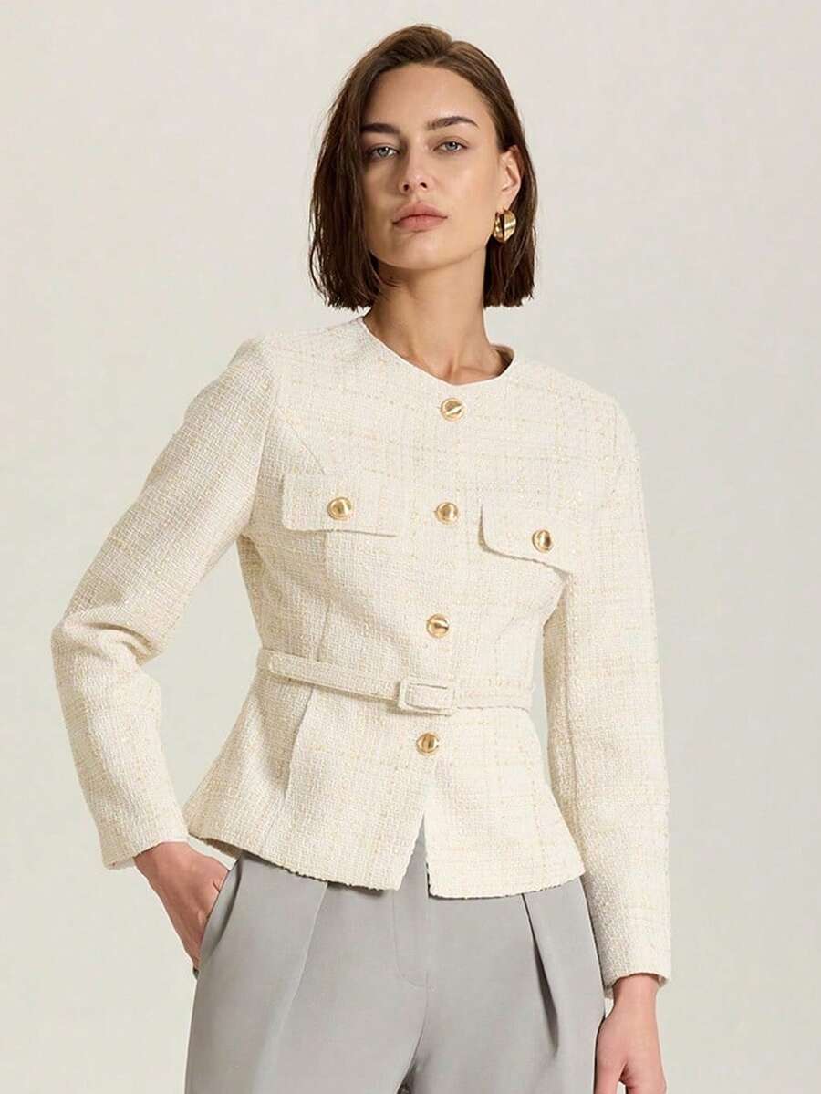 Women Single-Breasted Textured Long Sleeve Round Neck Casual Jacket