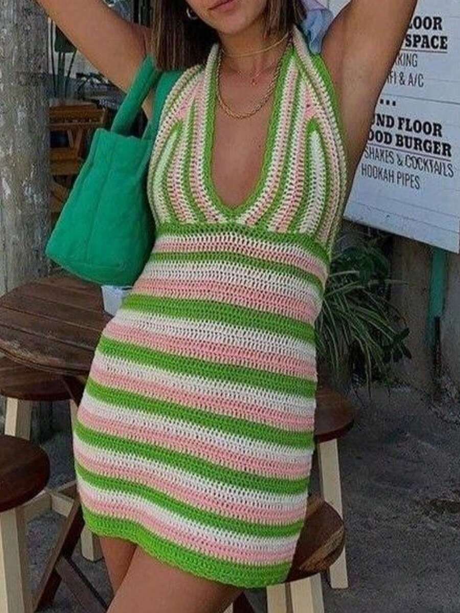 Women Striped Knitted Sleeveless Dress, Beach Wear For Summer - Multicolor - View 1