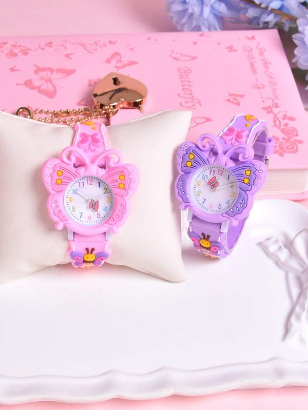 2pcs/Set Kids Boys Girls Butterfly &Football Soft Silicone Band Quartz Analog Watch, Creative Pattern Wristwatch Gift Set