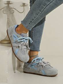 Women's Flat Lace-Up Trekking & Climbing Shoes, Mesh Patchwork Breathable Casual Sports Sneakers, Athleisure Y2K Style