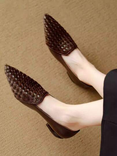 Damskie płaskie buty typu slip-on ze spiczastym noskiem, brązowe, grube obcasy, patchworkowe, codzienne, płaskie buty, uniwersalne na każdą porę roku