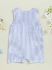 Baby Boy Smocked Outfit Striped Overalls Romper Whale/Watermelon Truck Sleeveless Bodysuit Jumpsuit Shorts Newborn Cute Summer Clothes - 藍色 - 查看 7