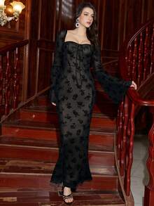 PARTHEA 露背系带美人鱼下摆喇叭袖蕾丝紧身褶皱长裙 - 黑色 - 查看 9