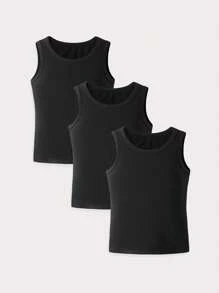 3pcs Set Of Fashionable And Versatile Solid Black Sleeveless Short Vest For Young Girls, Simple, Soft And Comfortable, Suitable For Summer Home Leisure, Outings And Holiday Parties