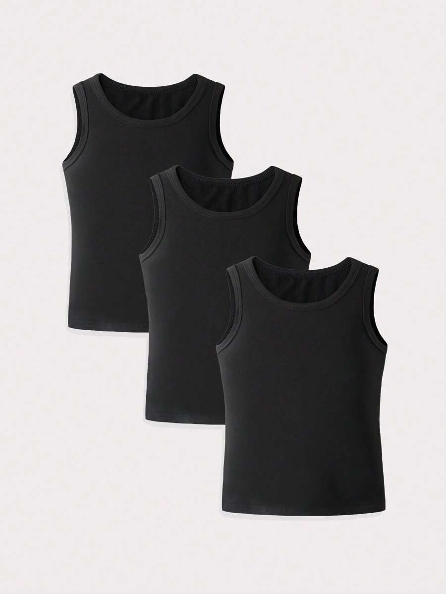 3pcs Set Of Fashionable And Versatile Solid Black Sleeveless Short Vest For Young Girls, Simple, Soft And Comfortable, Suitable For Summer Home Leisure, Outings And Holiday Parties