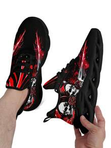 Zapatos de senderismo transpirables para hombres con impresión de calavera y espada, con ajuste ancho, suela con cuchilla, livianos, antideslizantes, amortiguación de impactos, aptos para uso casual
