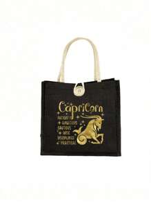 Geantă tote cu model de constelație aurie și geantă mică cu model de constelație, geantă tote neagră din in