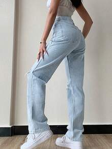 Women Stretch Ripped Distressed Denim Jeans, Spring/Summer Casual Long Pants - Blue - View 4