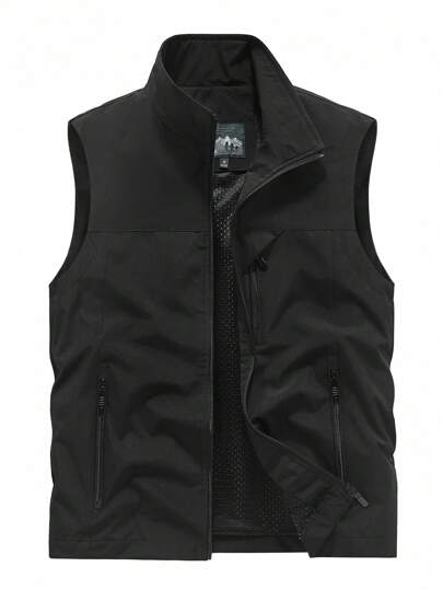 Men's Sleeveless Stand Collar Vest Jacket, Lightweight, Multi-Pocket, Spring & Autumn