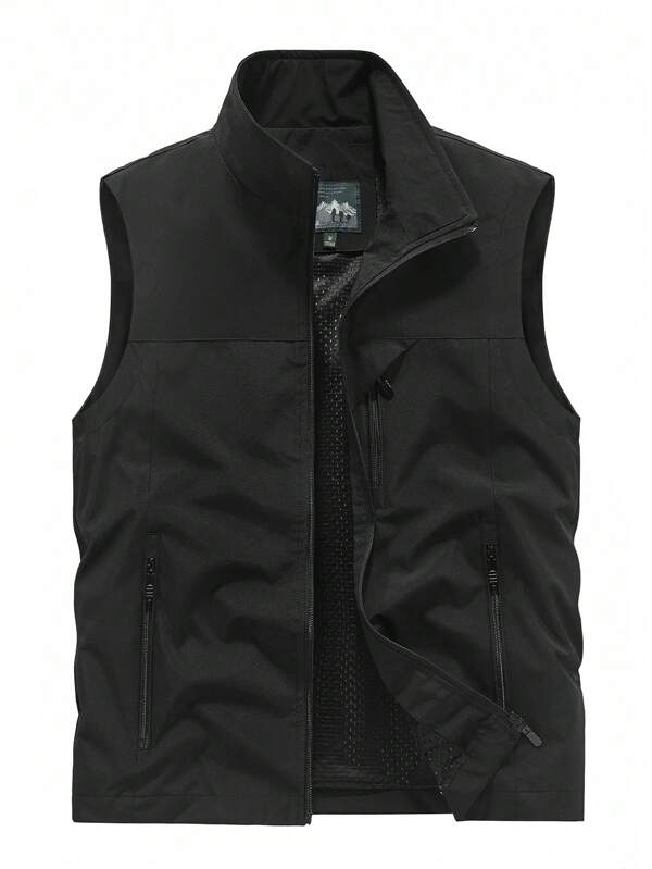 Men's Sleeveless Stand Collar Vest Jacket, Lightweight, Multi-Pocket, Spring & Autumn