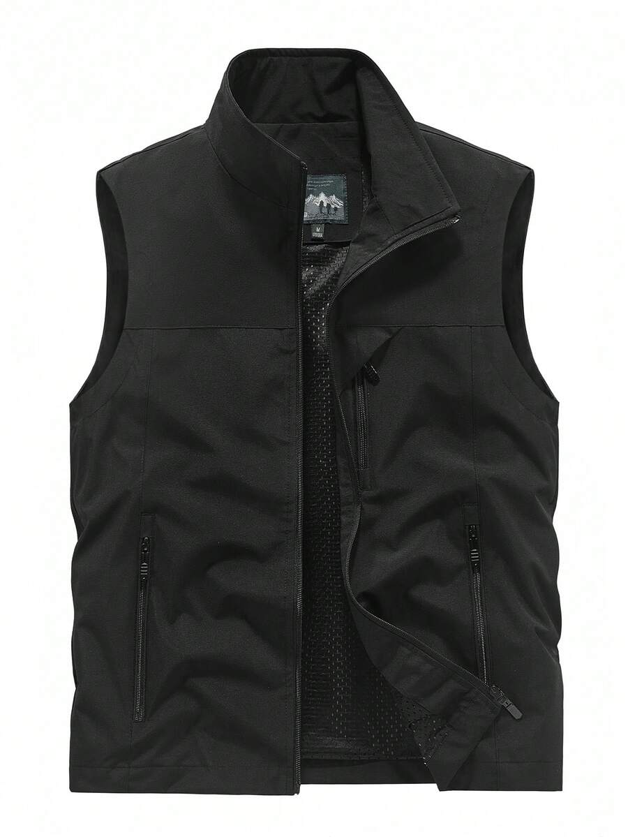 Men's Sleeveless Stand Collar Vest Jacket, Lightweight, Multi-Pocket, Spring & Autumn