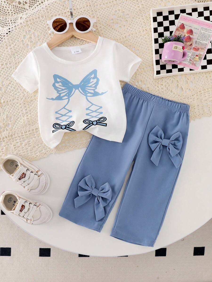 Baby Girl 2pcs Set, Butterfly Print Short Sleeve T-Shirt Top And Loose Wide-Leg Blue Pants With Bow Decor, Casual Summer Outfit - Blue - View 1