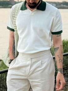 Unisex Loose Casual Polo Collar Short Sleeve Knit Pullover Top, Korean Style, Spring/Summer - White - View 1