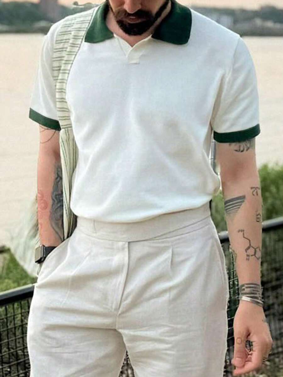 Unisex Loose Casual Polo Collar Short Sleeve Knit Pullover Top, Korean Style, Spring/Summer - White - View 1