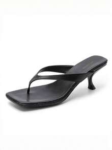 法式女式高跟凉鞋，夏季新款皮革密趾细高跟鞋，踝带小猫跟人字拖 - 黑色 - 查看 4