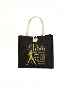 Geantă tote cu model de constelație aurie și geantă mică cu model de constelație, geantă tote neagră din in