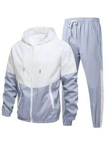 1 套男士休闲运动字母印花连帽夹克和抽绳裤，春秋季 - 灰色 - 查看 2