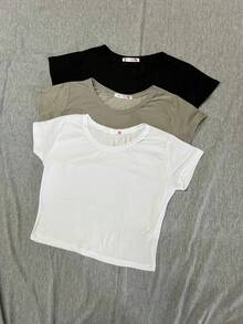 3 piezas de Playera de mujer, top de dama, camiseta de mujer, ombliguera, comoda, suave, uso diario, sexy, ombliguera, durable, casual, crop top de mujer - BLANCO/NEGRO/GRIS - Ver 1