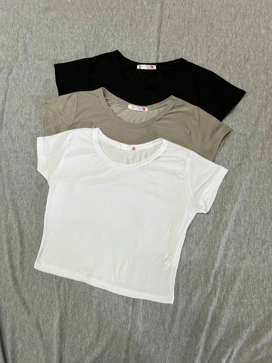 3 piezas de Playera de mujer, top de dama, camiseta de mujer, ombliguera, comoda, suave, uso diario, sexy, ombliguera, durable, casual, crop top de mujer - BLANCO/NEGRO/GRIS - Ver 1