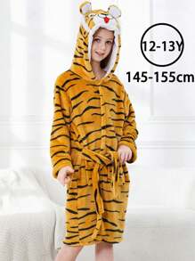 MICHLEY MICHLEY 1pc Kids Hooded Bathrobe With Belt Pockets Cartoon Animal Tiger Style Soft And Comfortable Nightgown Unisex Suitable For Living Room, Swimming Pool, Bathroom Kids Gift