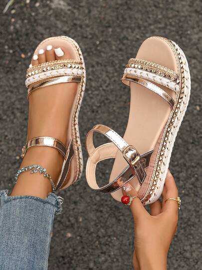 Summer Dressy Platform Sandals, Fabric Bow Beach Wedge Thick-Soled Roman Sandals With Studded, Open Toe Elastic Ankle Strap, Breathable Comfortable Casual Elegant Flat Sandals