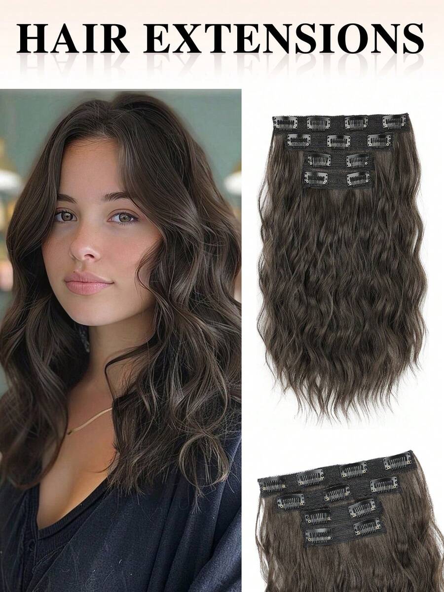 nimoki 4 piezas Extensiones de cabello con clip de 12 pulgadas, extensiones de cabello ondulado con ondas de agua, extensiones de cabello sintético con clip para uso diario de mujeres (marrón oscuro) - Dark Brown - Ver 1