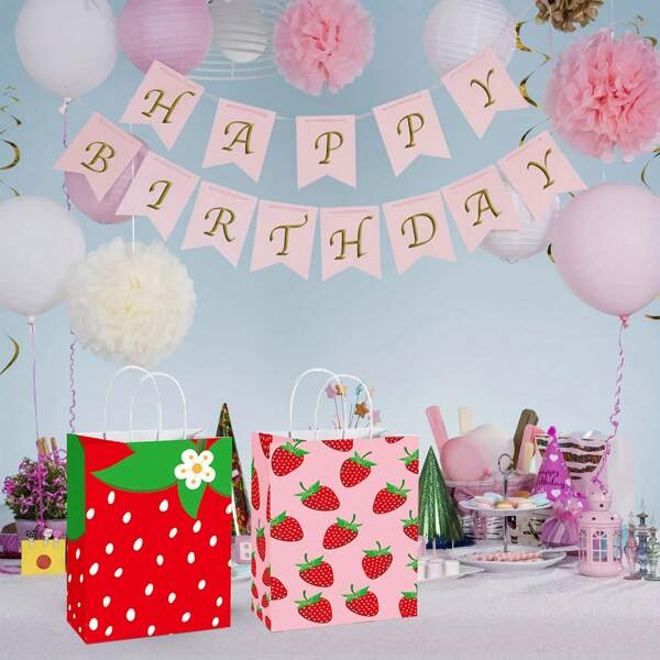 12 Sacolas de presente fofas de morango, sacolas de papel com alça para presentes de aniversário, ideais para festas românticas, aniversários e eventos festivos