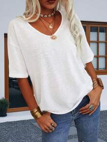 ​Women's Oversized V-Neck Half Sleeve Loose Fit Solid Color Casual T-Shirt​ - 白色 - 查看 2