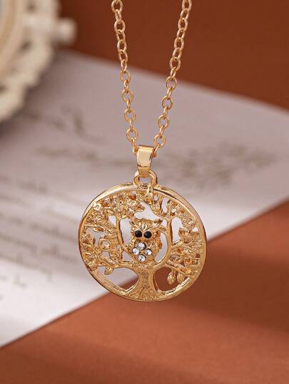 1 件简约镂空动物猫头鹰与生命之树圆形几何波西米亚风格吊坠项链，适合女士，多用途礼品珠宝配饰（无礼盒）