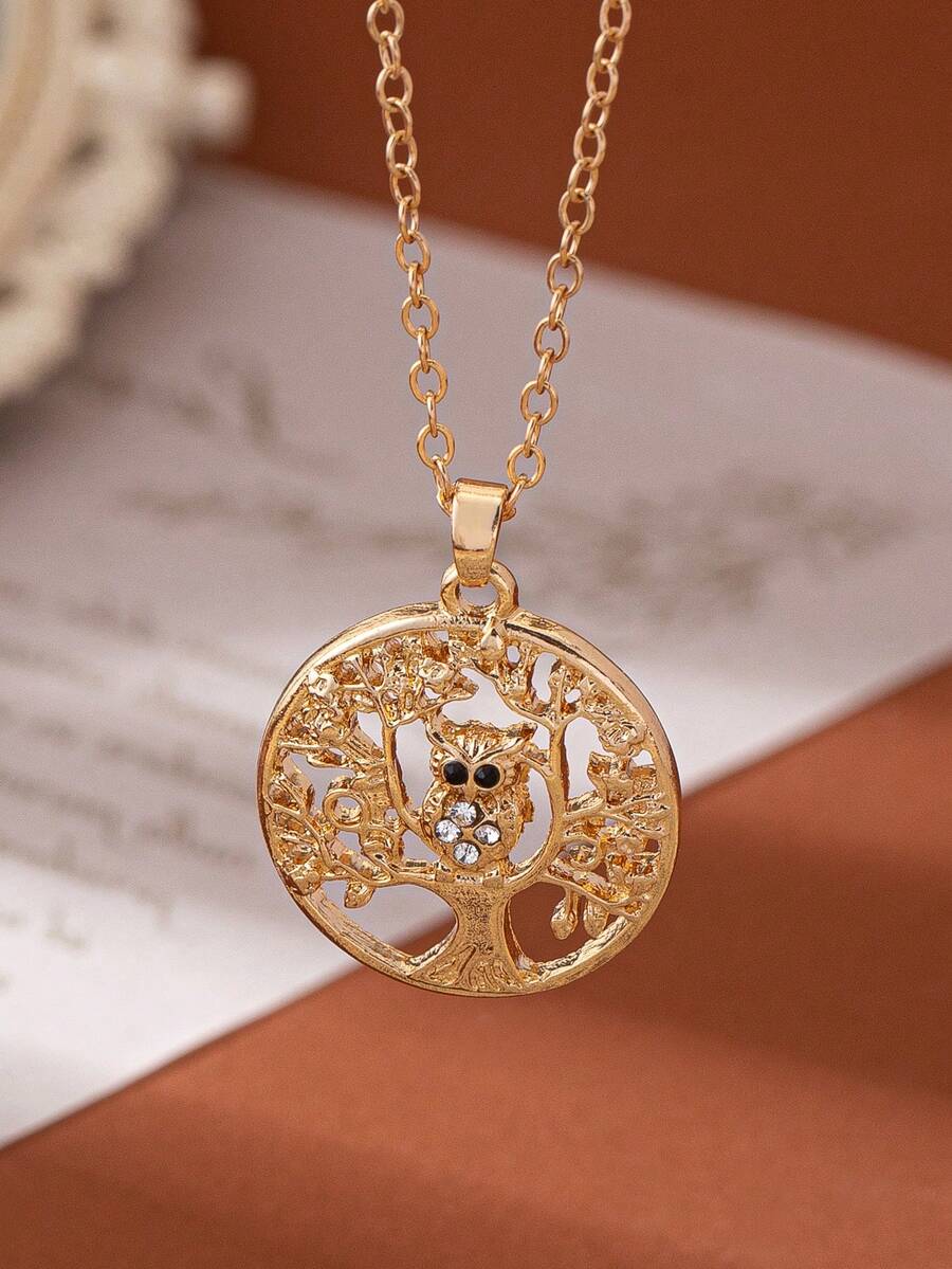 1 件简约镂空动物猫头鹰与生命之树圆形几何波西米亚风格吊坠项链，适合女士，多用途礼品珠宝配饰（无礼盒）