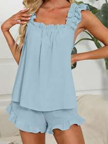 Womens Pajamas Set 2 Piece Ruffle Pj Soft Tank Top And Shorts Sleepwear Set Bridal Pajamas For Women Set Summer Sleeper Homewear Loungewear - Màu xanh nhạt - Xem 2