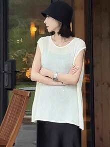 露背镂空针织背心，女士夏季轻薄宽松无袖针织上衣 - 白色 - 查看 4