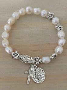 1pc Faux Pearl Beaded Flower & Cross Virgin Mary Pendant Bracelet, Vintage Style Suitable For Men And Women Daily Wear, Jewelry Gift - 彩色 - 查看 4