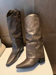 Vintage Pointed Toe Slim Fit Knee High Boots, Cylinder Shaft Chunky Heel Versatile Western Cowboy Boots For Women - Khaki - View 4