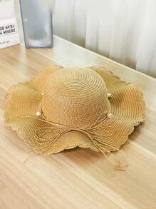 Sombrero de paja con ala ondulada, sombrero de sol de verano de moda con lazo decorativo, ala ancha para playa y vacaciones, para mujer
