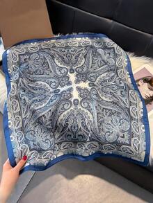 1pc Paisley Printed Faux Silk 27.5in Small Square Bandana Scarf, Multifunctional Men's Headwear Neckerchief Accessory - Blue - View 2