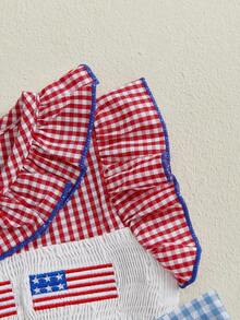 Baby Girl 4th Of July Romper American Flag Embroidery Plaid Ruffled Trim Flying Sleeve Newborn Jumpsuit For Independence Day - Đỏ - Xem 7