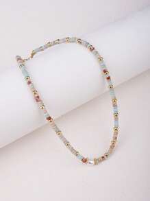 1pc Retro Natural Stone Necklace With Colorful Beads For Women, Vintage And Minimalist Light Blue Collarbone Chain Suitable For Daily Wear With Luxurious, Niche & High-End Feel