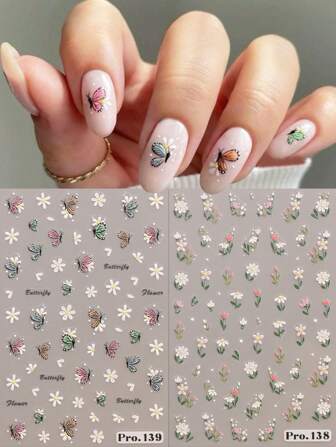 2 件夏季小花蝴蝶浮雕指甲贴纸，精美彩色蝴蝶指甲贴纸贴花，小白花印花 5D 自粘指甲设计，适用于水晶指甲，适合女性和女孩的月经用品，节日礼物，DIY，Y2K