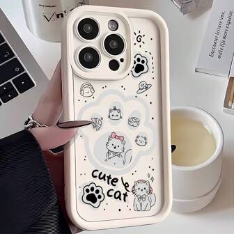 1pc Cute Cat Paw & Kitten Cartoon Personalized Creative Q Version Animal Pet Soft Phone Case, Frosted White Lens Frame Stair Design Full Protective Cover, Compatible With Apple/Redmi/Infinix/NOTE Phones Waterproof Shockproof Anti-Fall Scratch Resistant