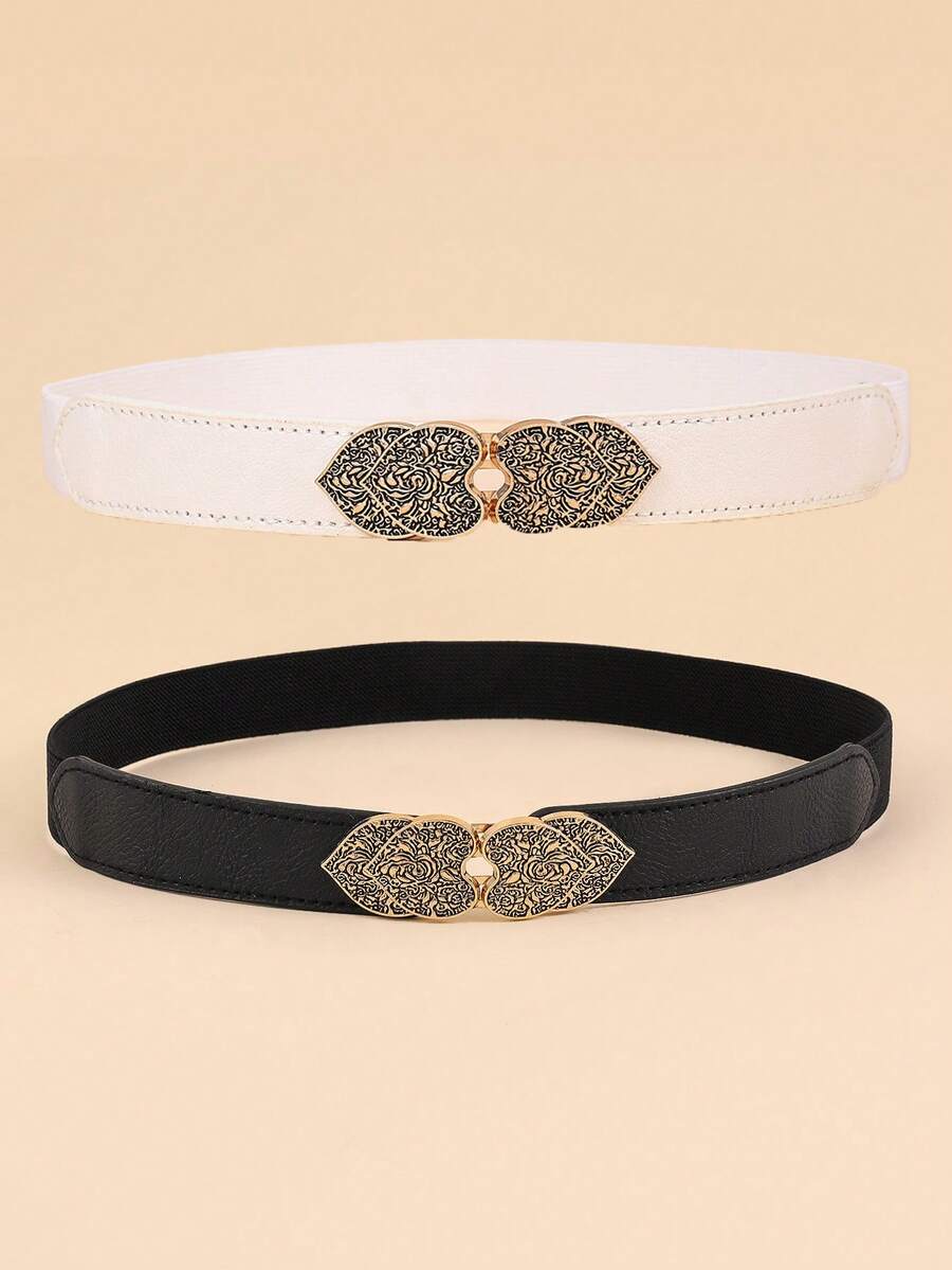 Boho Flower Detail Heart Buckle Belt Valentine's Day Summer, School Fall, Autumn, Halloween - Black - View 1