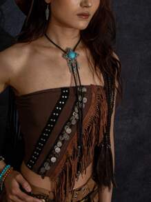 1pc Boho Style Turquoise Cross Bolo Tie Necklace, Long Y-Shaped Chain