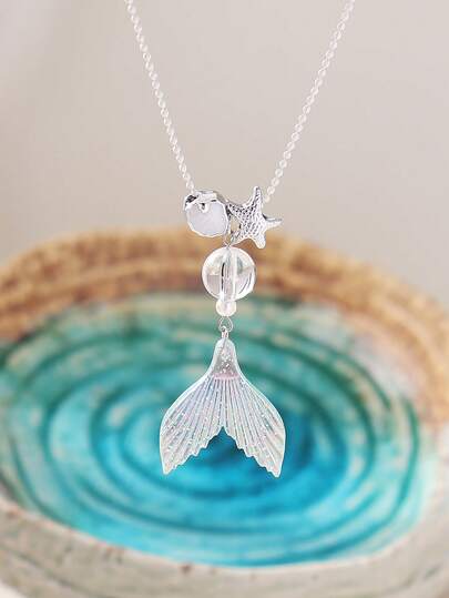 1pc Summer Cute Ocean Style Sequin Mermaid Tail, Transparent Bubble Pearl Starfish Scallop Beaded Long Necklace, Suitable For Women's Daily Dress Matching