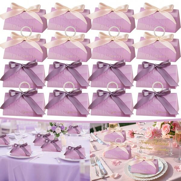 10 Pacotes de Caixas de Presente de Casamento com Fita, Pequenas Caixas de Papel Roxo com Alça de Pérola Falsa, Elegantes Caixas de Agradecimento Favor para Casamento, Chá de Panela, Madrinhas, Suprimentos para Embrulhar Presentes