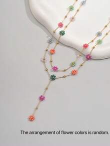 2pcs Stainless Steel Multicolor Flower Decor Necklace, Gold Plating Y-Shaped Chain Necklace, Elegant Minimalist Style, Suitable For Women Daily Wear Valentines,Mom,Mother,Mother's Day Gift (Handmade Chain With Random Number Of Flowers And Color Combinations)